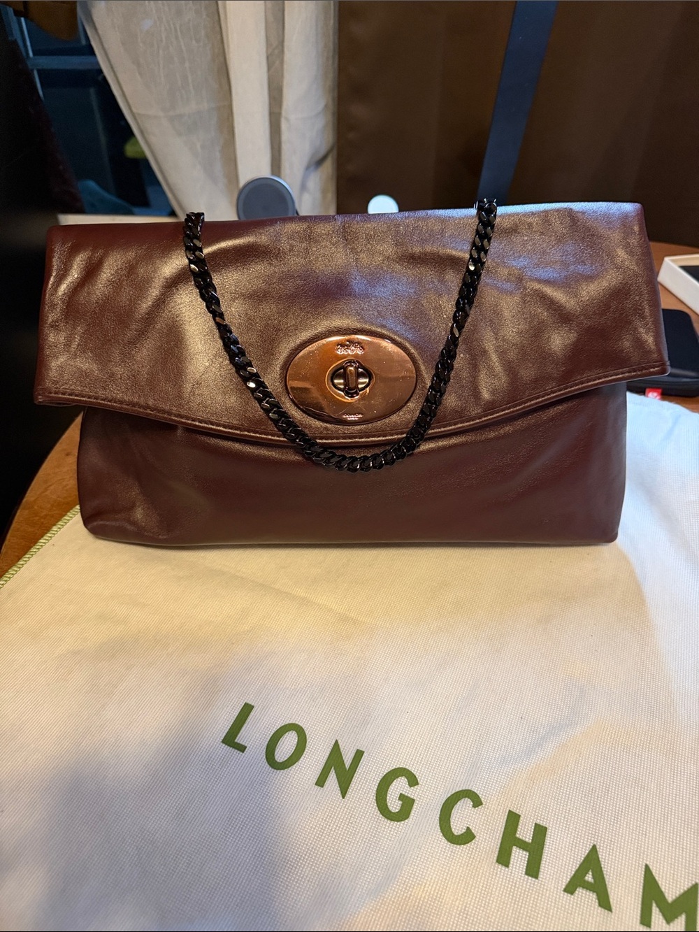 Coach Burgundy Leather Flap Shoulder Bag with Black Chain